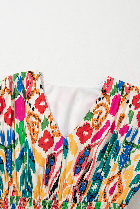 Bohemian Abstract Print V Neck Smocked Waist Tiered Ruffle Mini Dress